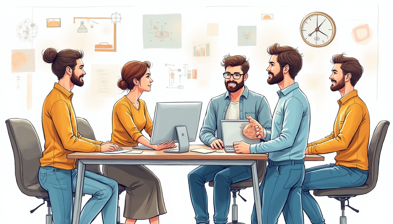 Două persoane colaborează la un proiect de creare site web, simbolizând alegerea unei firme profesioniste.