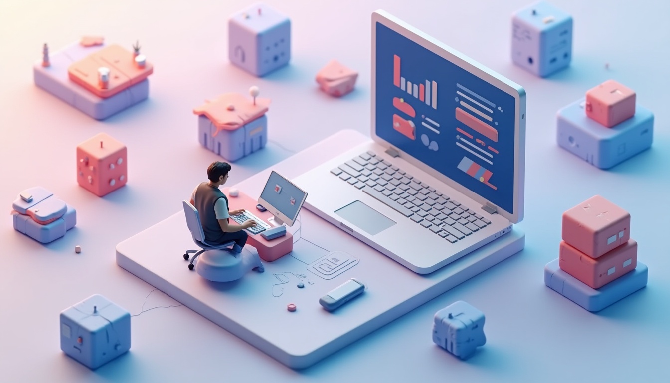 O reprezentare grafică a procesului de realizare pagina web, cu elemente de design, cod și un utilizator navigând pe