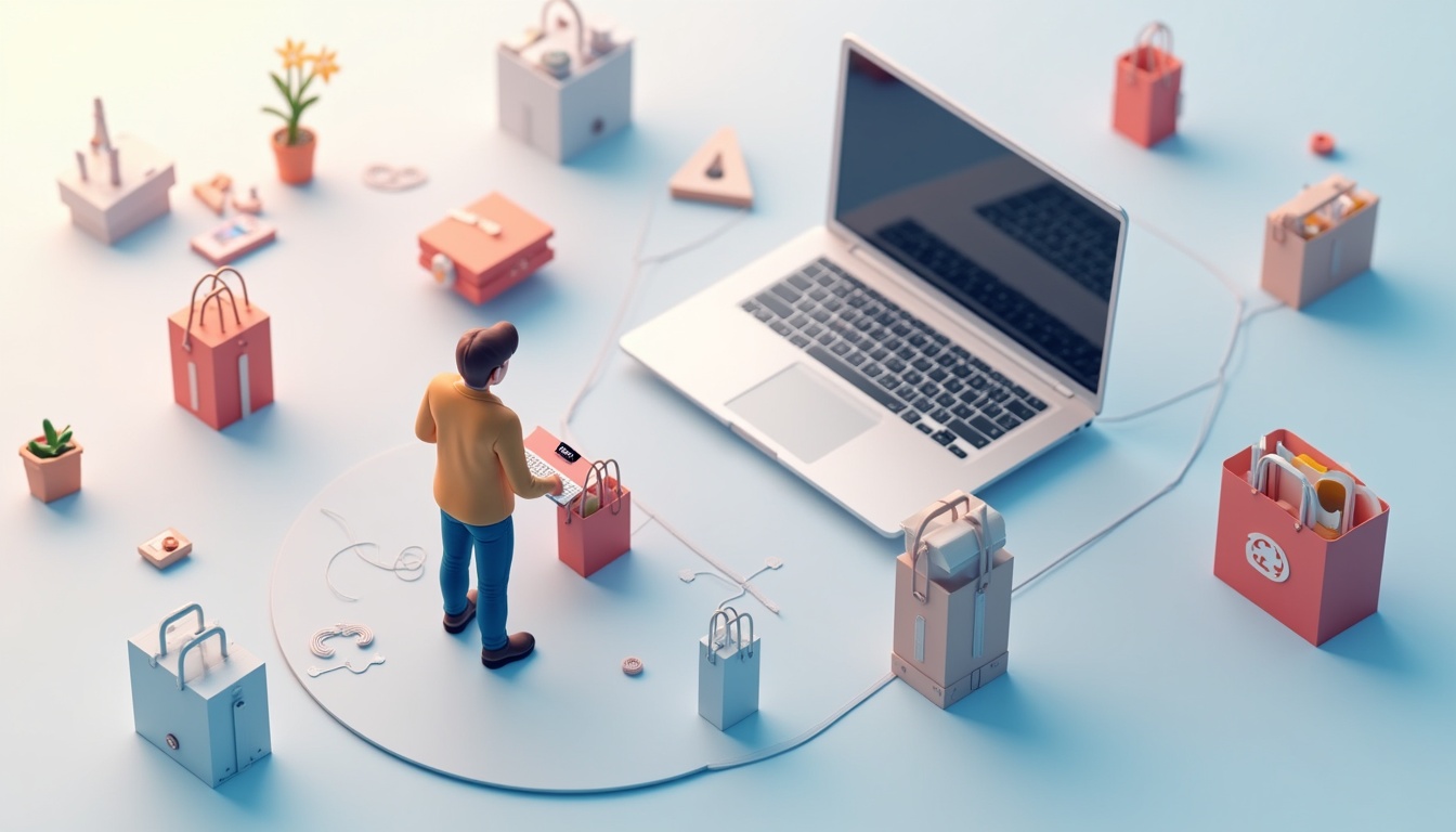 O imagine reprezentând un ecran de laptop cu un site de magazin online și simboluri de cumpărături online, ilustrând