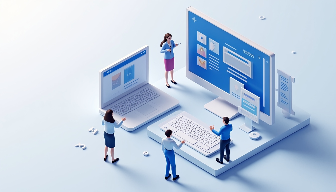 Ilustrație cu elemente de web design și un site de prezentare de succes.